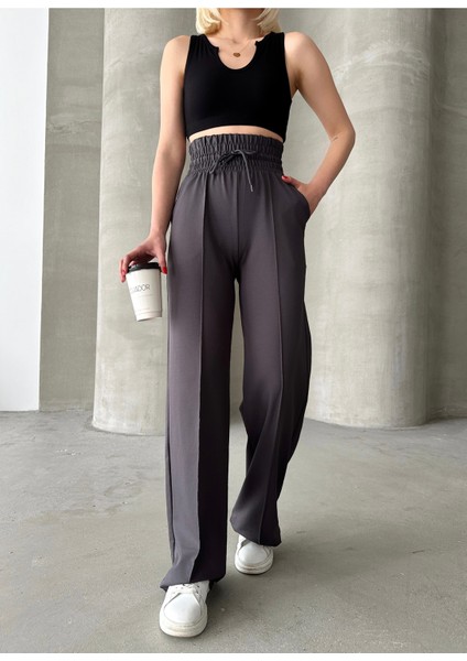 Kadın Antrasit Yüksek Bel Geniş Kemer Çımalı Bol Paça Eşofman Altı fiyatları