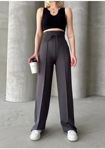 Kadın Antrasit Yüksek Bel Geniş Kemer Çımalı Bol Paça Eşofman Altı indirimleri
