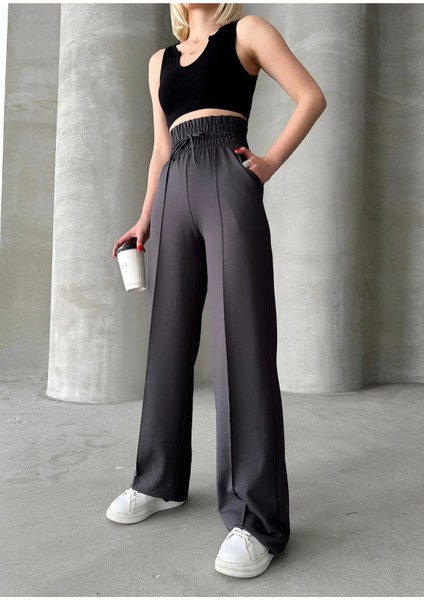 Kadın Antrasit Yüksek Bel Geniş Kemer Çımalı Bol Paça Eşofman Altı