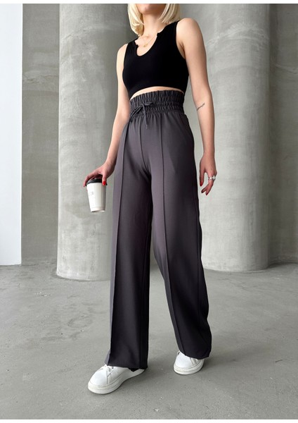 Kadın Antrasit Yüksek Bel Geniş Kemer Çımalı Bol Paça Eşofman Altı