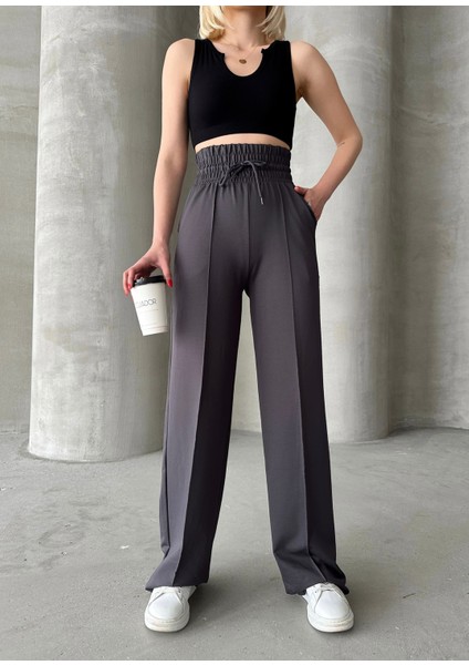 Kadın Antrasit Yüksek Bel Geniş Kemer Çımalı Bol Paça Eşofman Altı