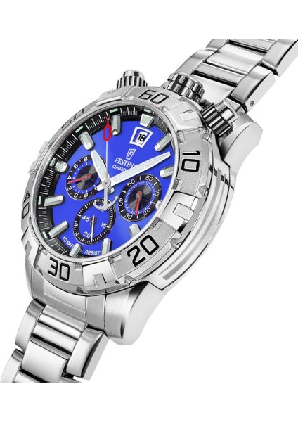 F20743/3 Quartz Chrono Çelik Gri Mavi Kadran 10 Atm 45 mm Erkek Kol Saati modelleri