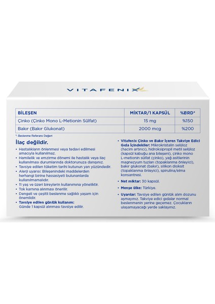 Çinko Bakır Takviyesi 15 Mg Çinko Sülfat ve 2 Mg Bakır Içeren Çinko ve Bakır Takviyesi 30 Kapsül fiyatları