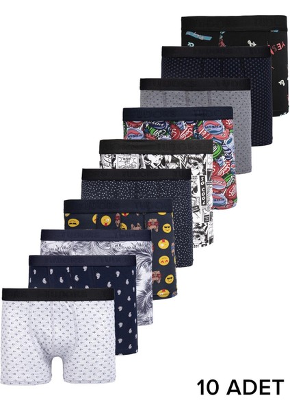 Erkek 10'lu Desenli Likralı Pamuklu Esnek Kumaş Premium Seri Boxer