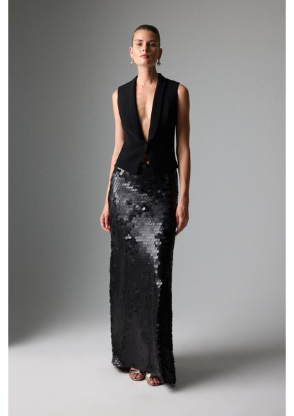 Payetli Uzun Etek Siyah K2615063_001