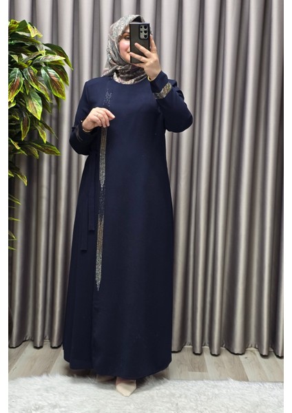 Kadın Tesettür Giyim Büyük Beden Şerit Taş Detaylı Abaya