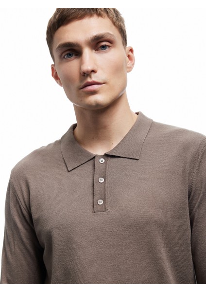 Uzun Kollu Düğmeli Polo Yaka Triko Kazak