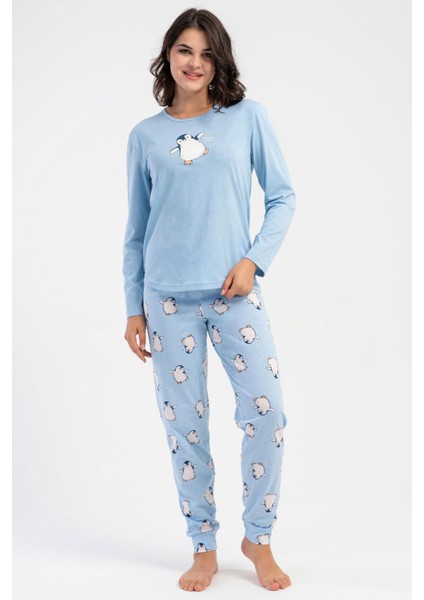 Kadın Mavi Renk Uzun Kollu Bisiklet Yaka Lastikli Paça Penguen Desenli Pamuklu Pijama Takımı C1T6N1305