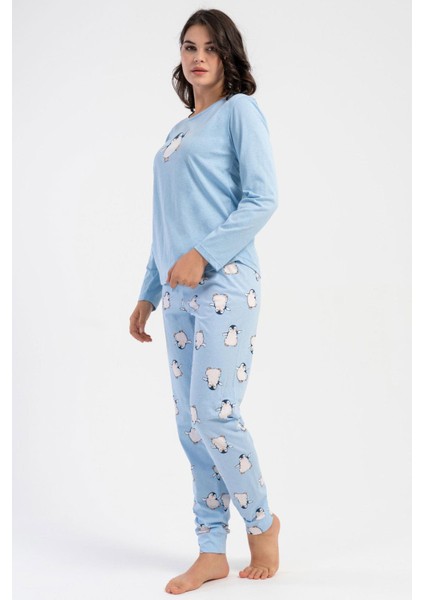 Kadın Mavi Renk Uzun Kollu Bisiklet Yaka Lastikli Paça Penguen Desenli Pamuklu Pijama Takımı C1T6N1305 modelleri