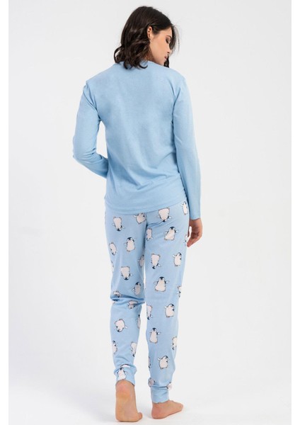 Kadın Mavi Renk Uzun Kollu Bisiklet Yaka Lastikli Paça Penguen Desenli Pamuklu Pijama Takımı C1T6N1305 fırsatları