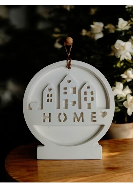 Home Yazılı Ev Duvar Dekoru, Beyaz Renk Yüksek Kaliteli Malzeme El Yapımı Dekoratif Yuvarlak Duvar Obje, Hediyelik Dekoratif Duvar Dekoru, Ev Dekoru, Duvar Dekoru (13,5 x12,5 cm)