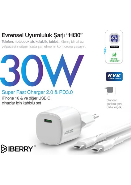 HI30 Ultra Fast Cold Gan Yüksek Güvenlik 30W Seyahat Hızlı Şarj Aleti USB C Type C To Type C fiyatları