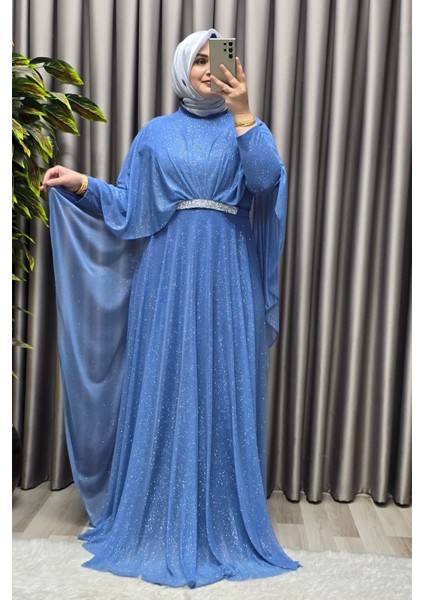 Kadın Tesettür Büyük Beden Giyim Simli Pelerinli Abiye