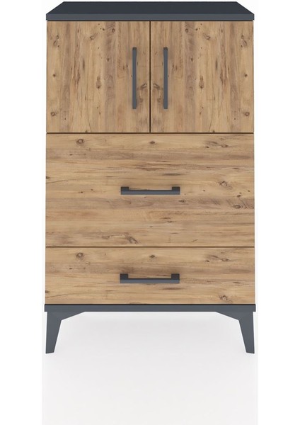 Arges Komodin Tek Raflı 2 Çekmeceli 2 Kapaklı 60X30X96 Antrasit-Çam