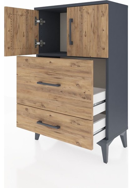 Arges Komodin Tek Raflı 2 Çekmeceli 2 Kapaklı 60X30X96 Antrasit-Çam fırsatları