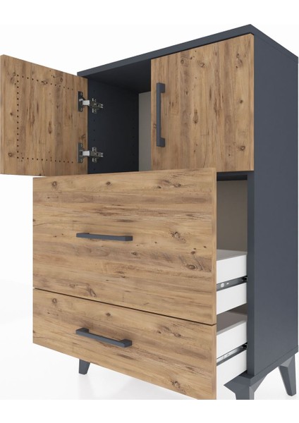 Arges Komodin Tek Raflı 2 Çekmeceli 2 Kapaklı 60X30X96 Antrasit-Çam indirimleri