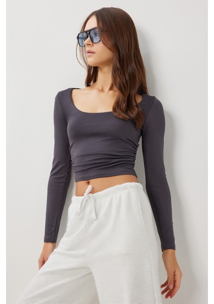 Büzgülü Crop Örme Bluz LUB0267 Antrasit