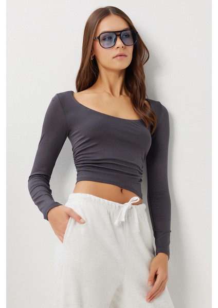 Büzgülü Crop Örme Bluz LUB0267 Antrasit fiyatları