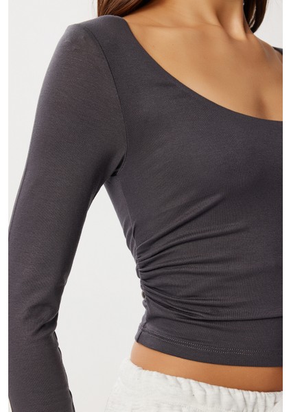Büzgülü Crop Örme Bluz LUB0267 Antrasit fırsatları