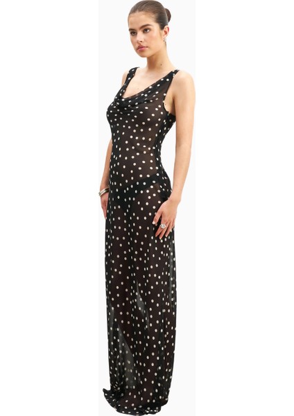 Chiffon Cowl Neck Gown Semi-Sheer Draped Maxi Dress Kadın Elbise modelleri