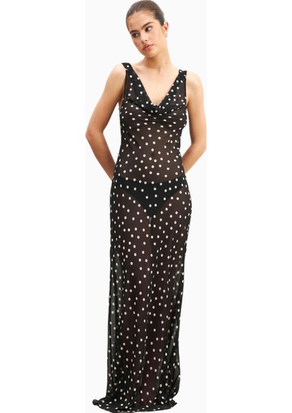 Chiffon Cowl Neck Gown Semi-Sheer Draped Maxi Dress Kadın Elbise fırsatları