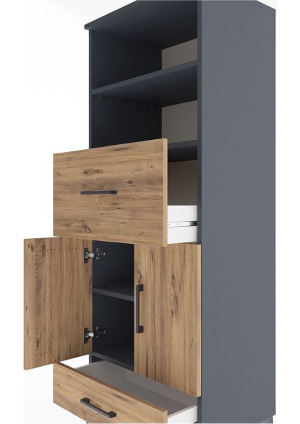 Hyperion Dolap 4 Raflı 2 Çekmeceli 2 Kapaklı 60X44X163 Antrasit-Çam indirimleri