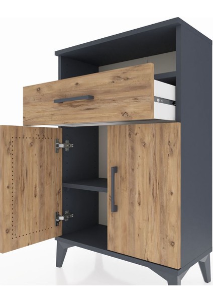 Arges Komodin 2 Raflı Tek Çekmeceli 2 Kapaklı 60X30X96 Antrasit-Çam indirimleri