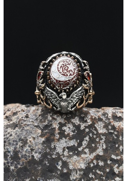 Özel Tasarım Ay Yıldızlı ve Aslan ve Kartal ve Hz. Ali'nin Zülfikar Kılıcı Figürlü Mineli 925 Ayar Gümüş Erkek Yüzüğü 902334 indirimleri