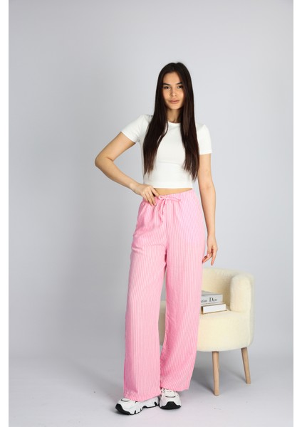 Pembe Beli Ayarlanabilir Çizgili Cepli Bol Paça Keten Kadın Pantolon Xl