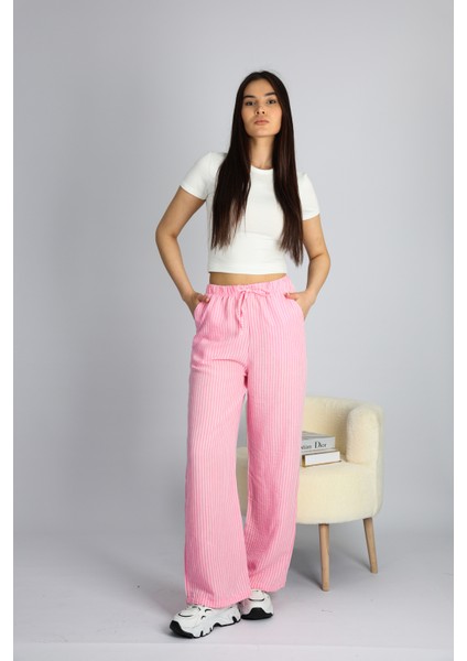 Pembe Beli Ayarlanabilir Çizgili Cepli Bol Paça Keten Kadın Pantolon Xl fiyatları