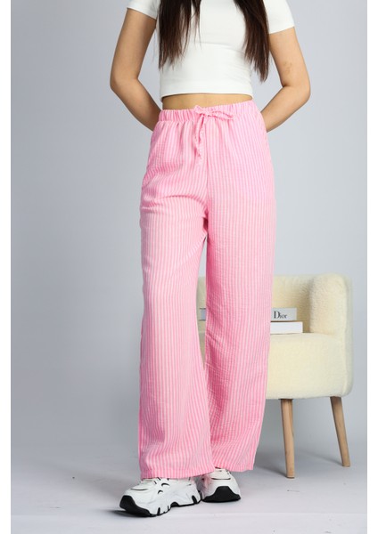 Pembe Beli Ayarlanabilir Çizgili Cepli Bol Paça Keten Kadın Pantolon Xl modelleri