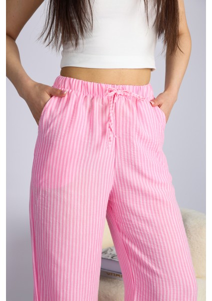 Pembe Beli Ayarlanabilir Çizgili Cepli Bol Paça Keten Kadın Pantolon Xl fırsatları