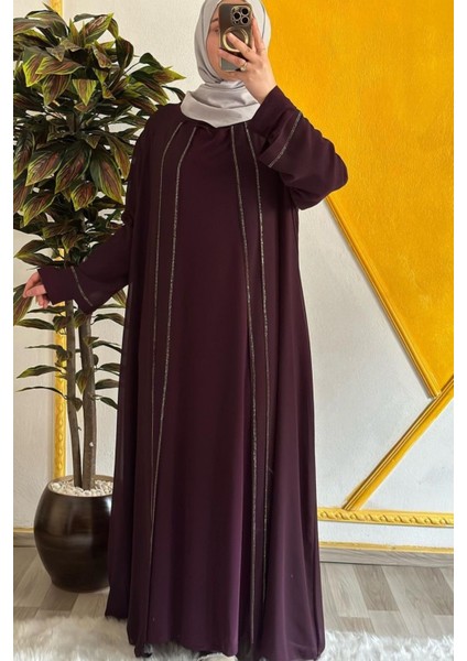 Kadın Tesettür Giyim Büyük Beden Şifon Şerit Taşlı Abiye