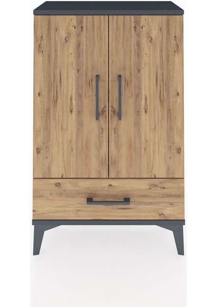 Arges Komodin 2 Raflı Tek Çekmeceli 2 Kapaklı 60X30X96 Antrasit-Çam