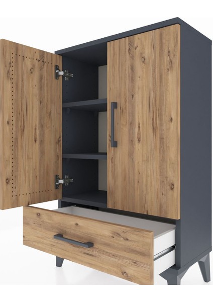 Arges Komodin 2 Raflı Tek Çekmeceli 2 Kapaklı 60X30X96 Antrasit-Çam indirimleri