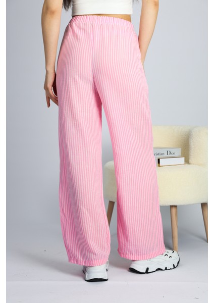 Pembe Beli Ayarlanabilir Çizgili Cepli Bol Paça Keten Kadın Pantolon Xl indirimleri