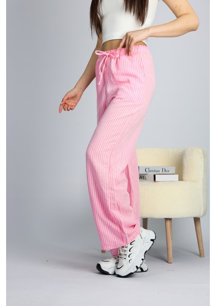 Pembe Beli Ayarlanabilir Çizgili Cepli Bol Paça Keten Kadın Pantolon Xl