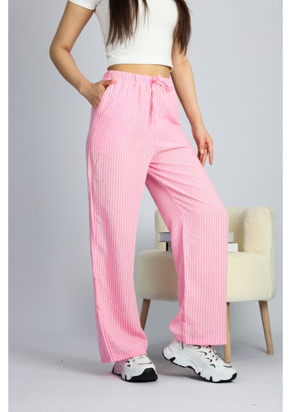 Pembe Beli Ayarlanabilir Çizgili Cepli Bol Paça Keten Kadın Pantolon Xl