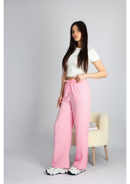 Pembe Beli Ayarlanabilir Çizgili Cepli Bol Paça Keten Kadın Pantolon Xl