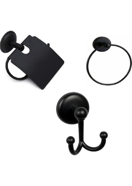 şkanlı Siyah Üçlü Banyo Aksesuar Seti - Yuvarlak Havluluk - Banyo Askısı - Kapaklı Tuvalet Kağıtlık