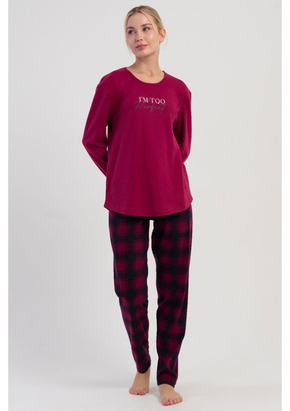 Kadın Bordo Uzun Kollu Üst Baskılı Alt Ekose Desenli Pamuklu Pijama Takımı C6T3N1305