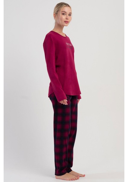 Kadın Bordo Uzun Kollu Üst Baskılı Alt Ekose Desenli Pamuklu Pijama Takımı C6T3N1305 fiyatları