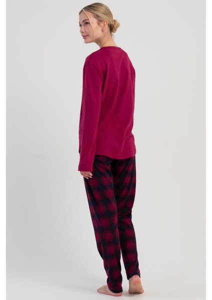 Kadın Bordo Uzun Kollu Üst Baskılı Alt Ekose Desenli Pamuklu Pijama Takımı C6T3N1305 fırsatları
