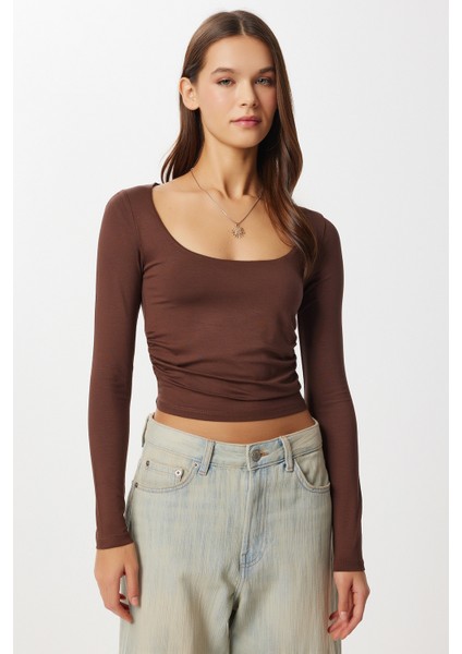 Büzgülü Crop Örme Bluz LUB0267 Kahverengi modelleri
