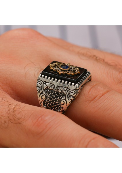 Mikro Taş Süslemeli Oniks Taşlı 925 Ayar Gümüş Yüzük