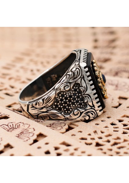 Mikro Taş Süslemeli Oniks Taşlı 925 Ayar Gümüş Yüzük modelleri