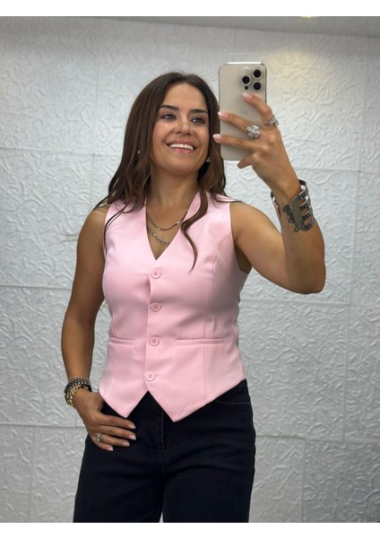 Açık Pembe Keten Yelek