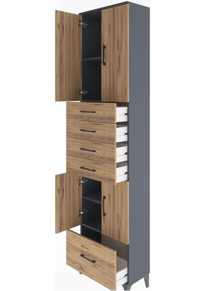 Arges Dolap 4 Raflı 5 Çekmeceli 4 Kapaklı 60X30X243 Antrasit-Çam fırsatları