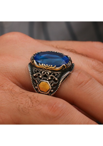 Kişiye Özel Harf Yazılı Mavi Zirkon Taşlı Otantik Gümüş Erkek Yüzük