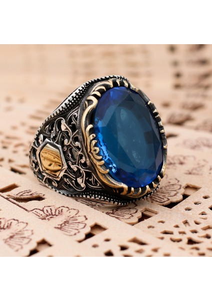 Kişiye Özel Harf Yazılı Mavi Zirkon Taşlı Otantik Gümüş Erkek Yüzük fiyatları